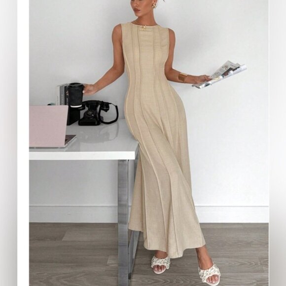 Split Pleated Waist A-Line Dress Beige - Picture 5 of 6